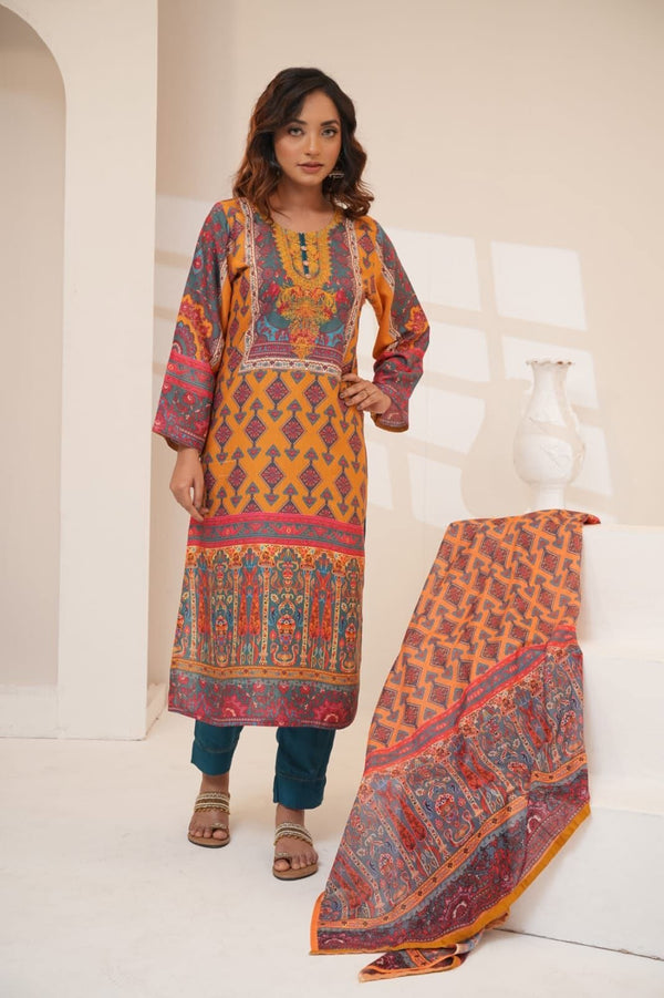 Rustic Brown Linen Embroidered Three Piece (Autumn - Semi-Stitched)