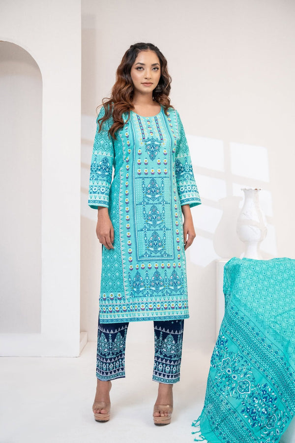 Sky Blue Printed Cotton Three Piece (Semi-Stitched)