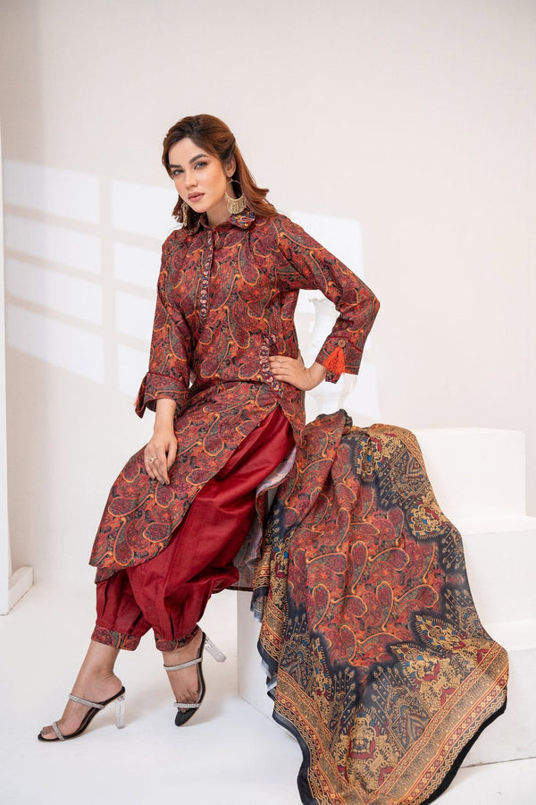Red Velvet Embroidered Three Piece (Winter Wedding – Stitched)