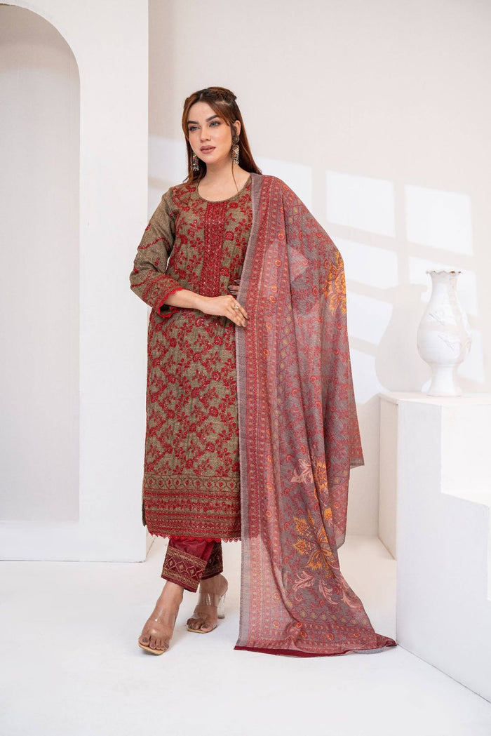 Maroon Embroidered Lawn Three Piece (Unstitched)