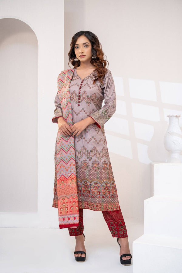Rustic Brown Linen Embroidered Three Piece (Autumn - Semi-Stitched)