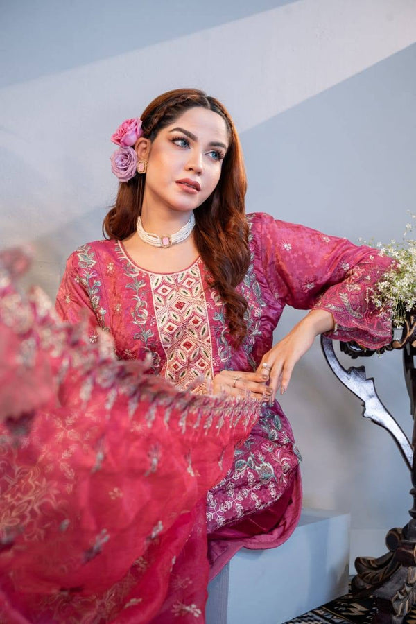 Dusty Rose Georgette Lace Three Piece (Semi-Formal - Semi-Stitched)