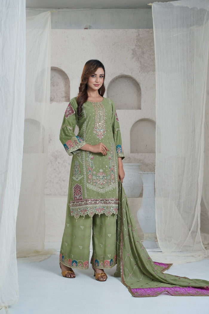 Emerald Green Silk Embroidered Three Piece (Bridal Guest – Stitched)
