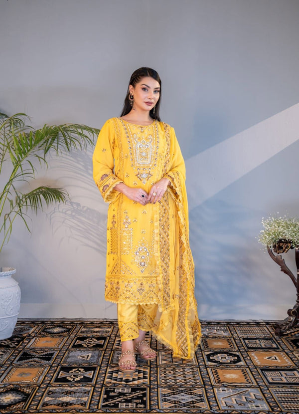 Soft Yellow Cotton Net Three Piece (Spring - Unstitched)