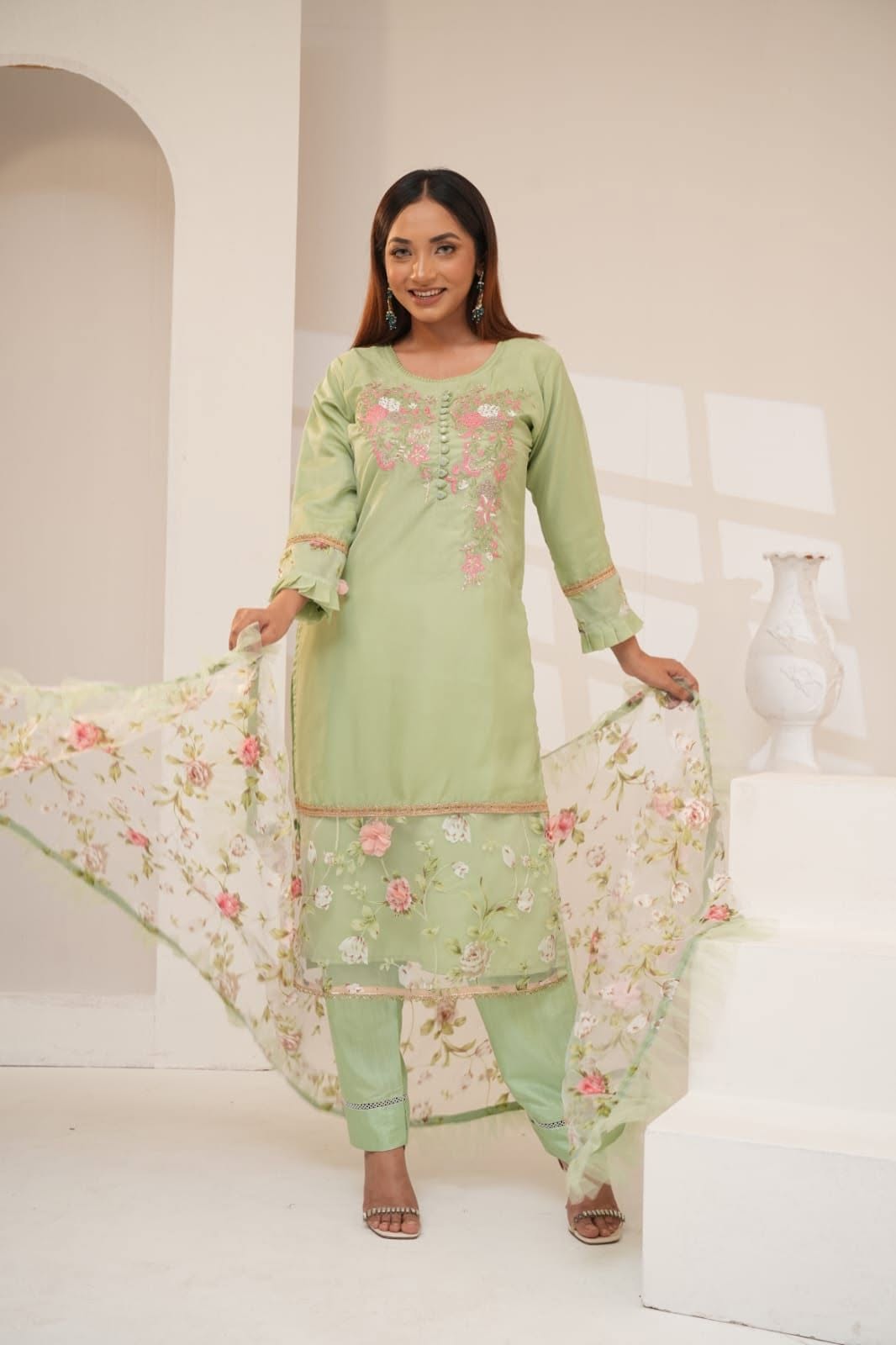 Emerald Green Silk Embroidered Three Piece (Bridal Guest – Stitched)