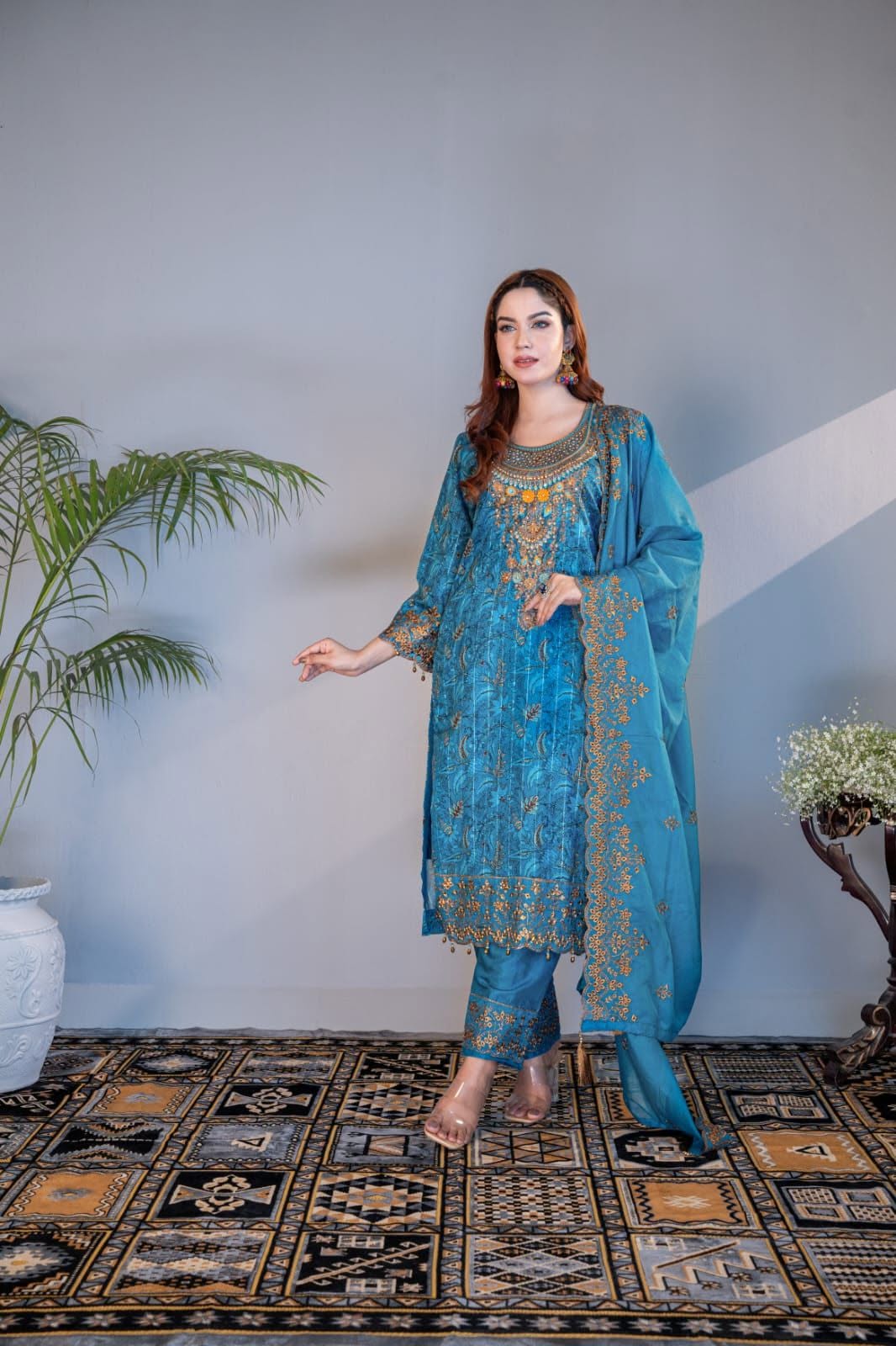 Cobalt Blue Jamawar Three Piece (Festive - Unstitched)