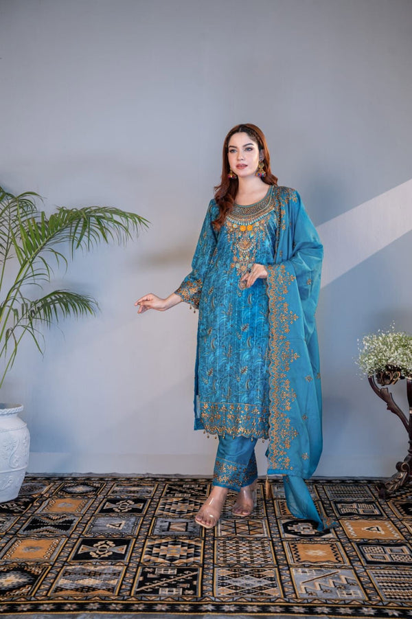Cobalt Blue Jamawar Three Piece (Festive - Unstitched)