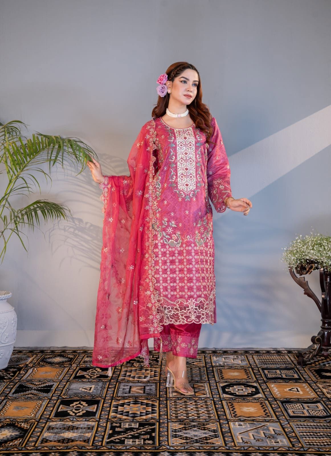 Dusty Rose Georgette Lace Three Piece (Semi-Formal - Semi-Stitched)