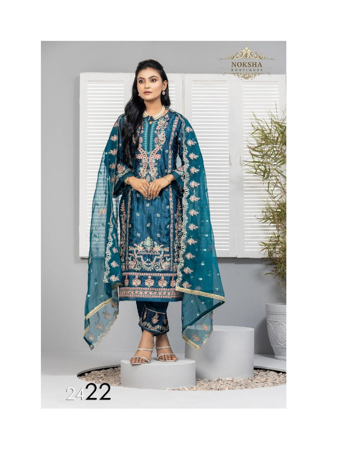 Sky Blue Printed Cotton Three Piece (Semi-Stitched)