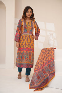 Rustic Brown Linen Embroidered Three Piece (Autumn - Semi-Stitched)