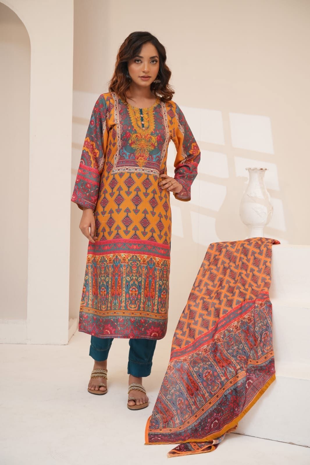 Rustic Brown Linen Embroidered Three Piece (Autumn - Semi-Stitched)