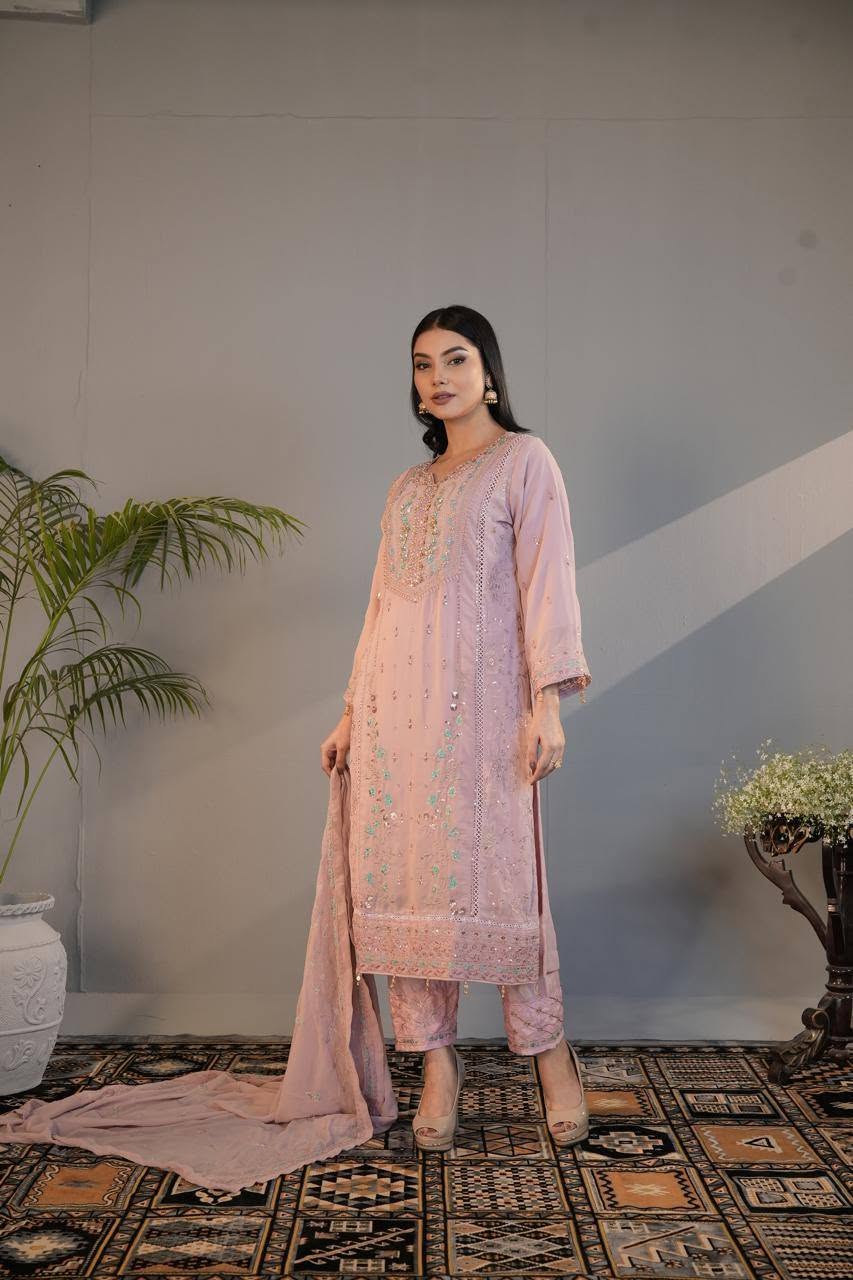 Blush Pink Organza Floral Three Piece (Eid - Semi-Stitched)