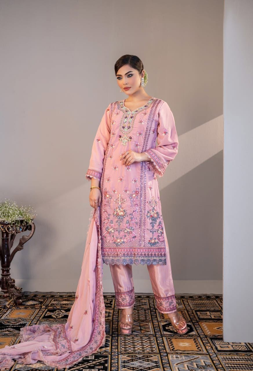 Blush Pink Organza Floral Three Piece (Eid - Semi-Stitched)