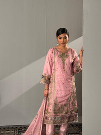 Blush Pink Organza Floral Three Piece (Eid - Semi-Stitched)