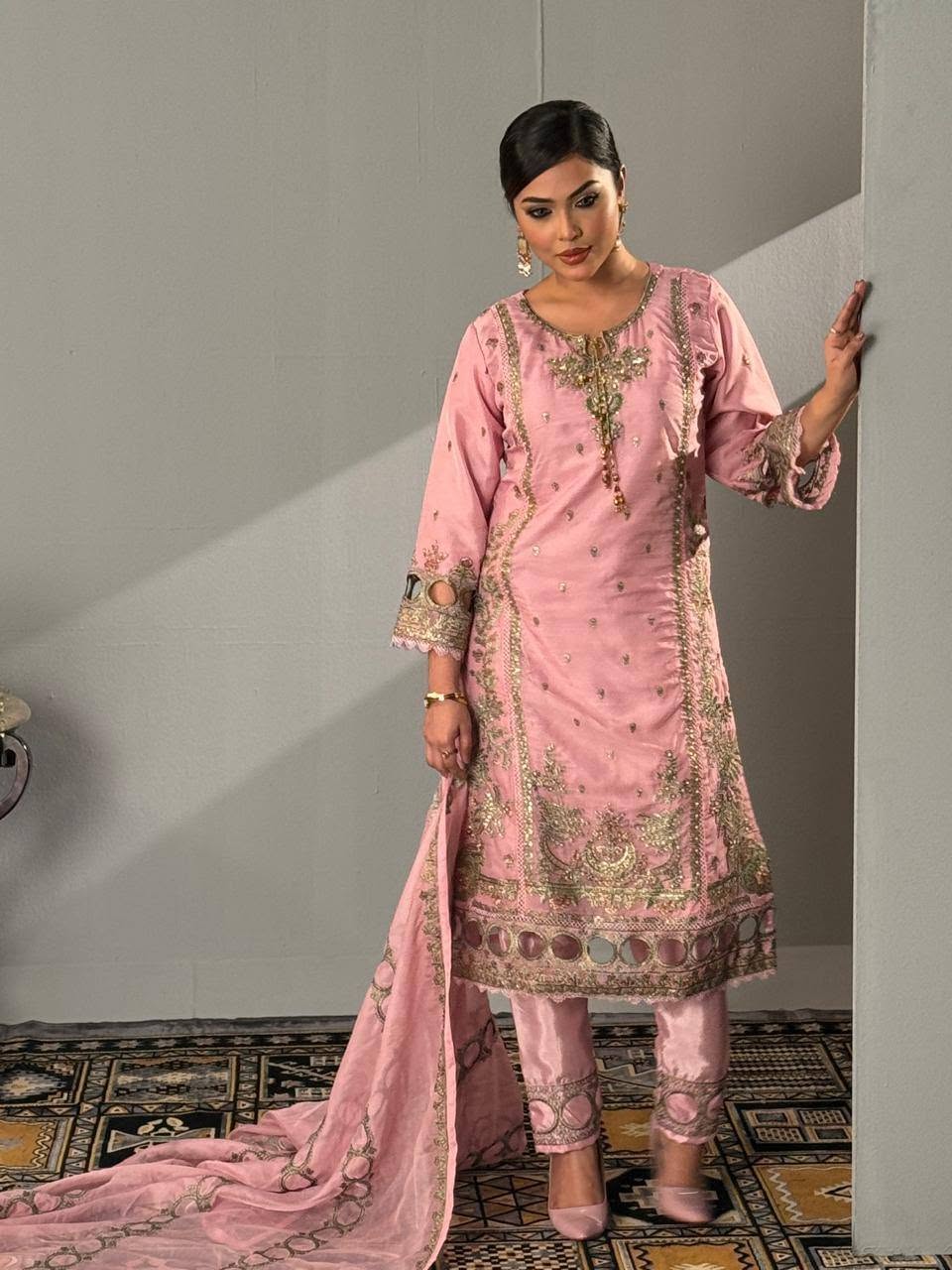 Blush Pink Organza Floral Three Piece (Eid - Semi-Stitched)
