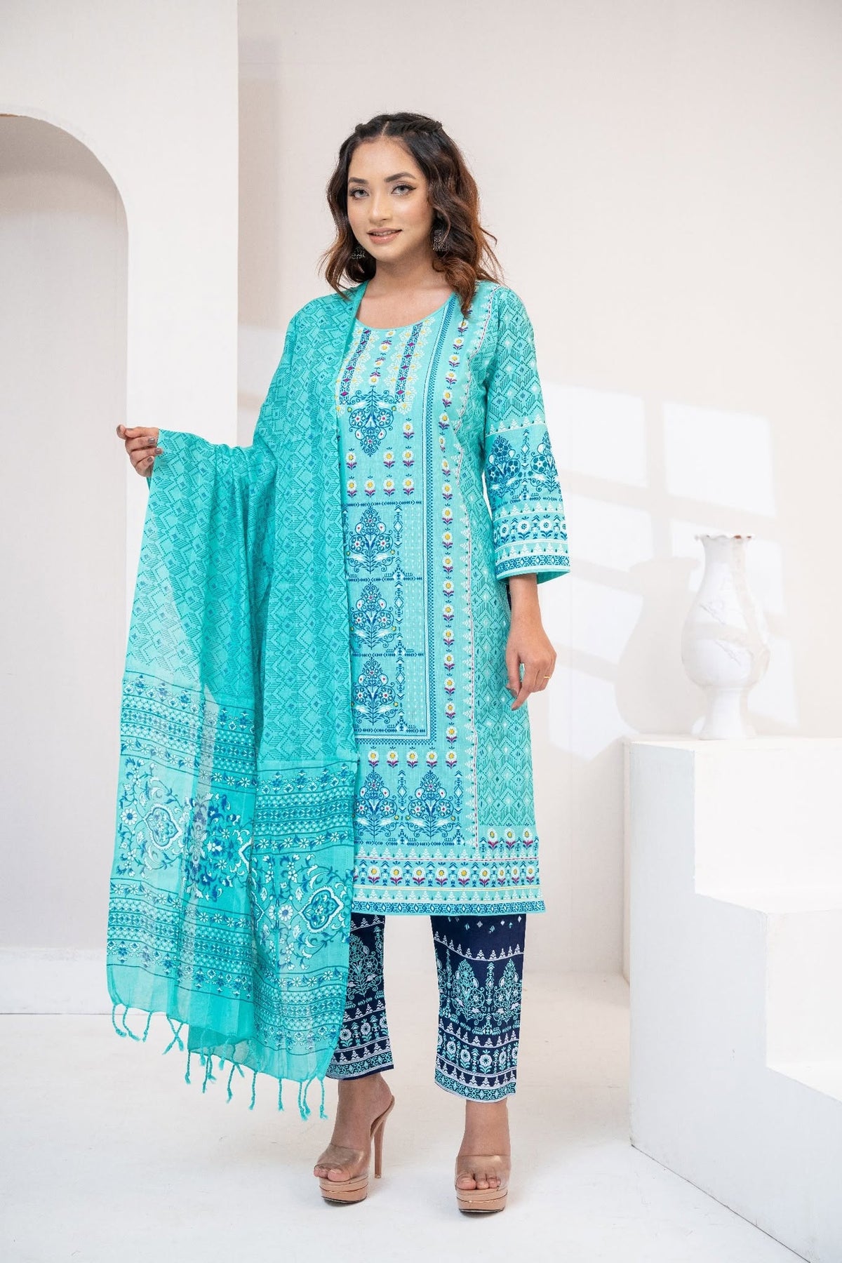 Cobalt Blue Jamawar Three Piece (Festive - Unstitched)