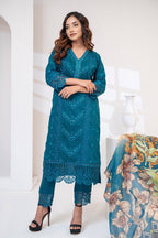 Deep Teal Silk Embroidered Three Piece (Reception - Stitched)