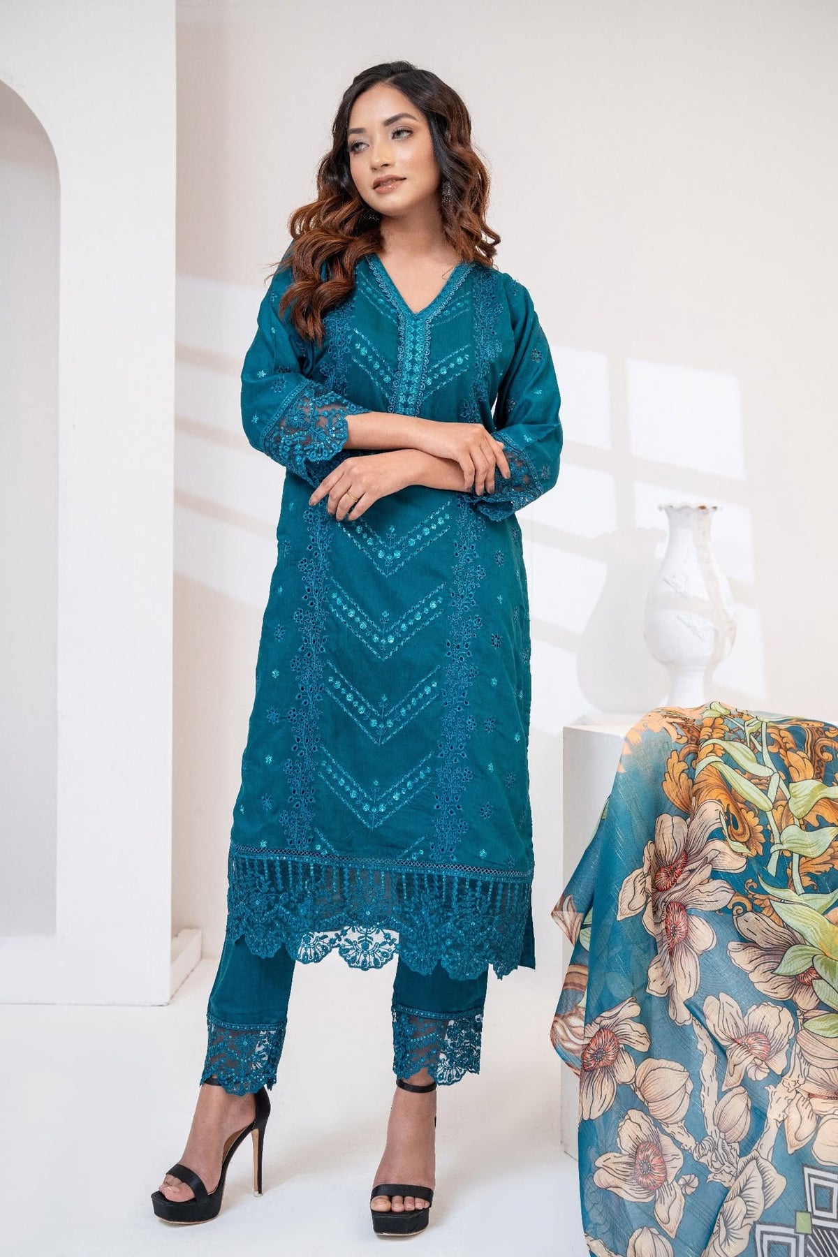 Deep Teal Silk Embroidered Three Piece (Reception - Stitched)