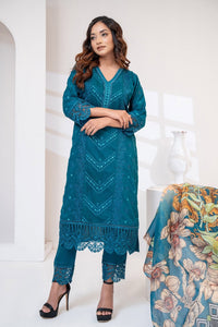 Deep Teal Silk Embroidered Three Piece (Reception - Stitched)