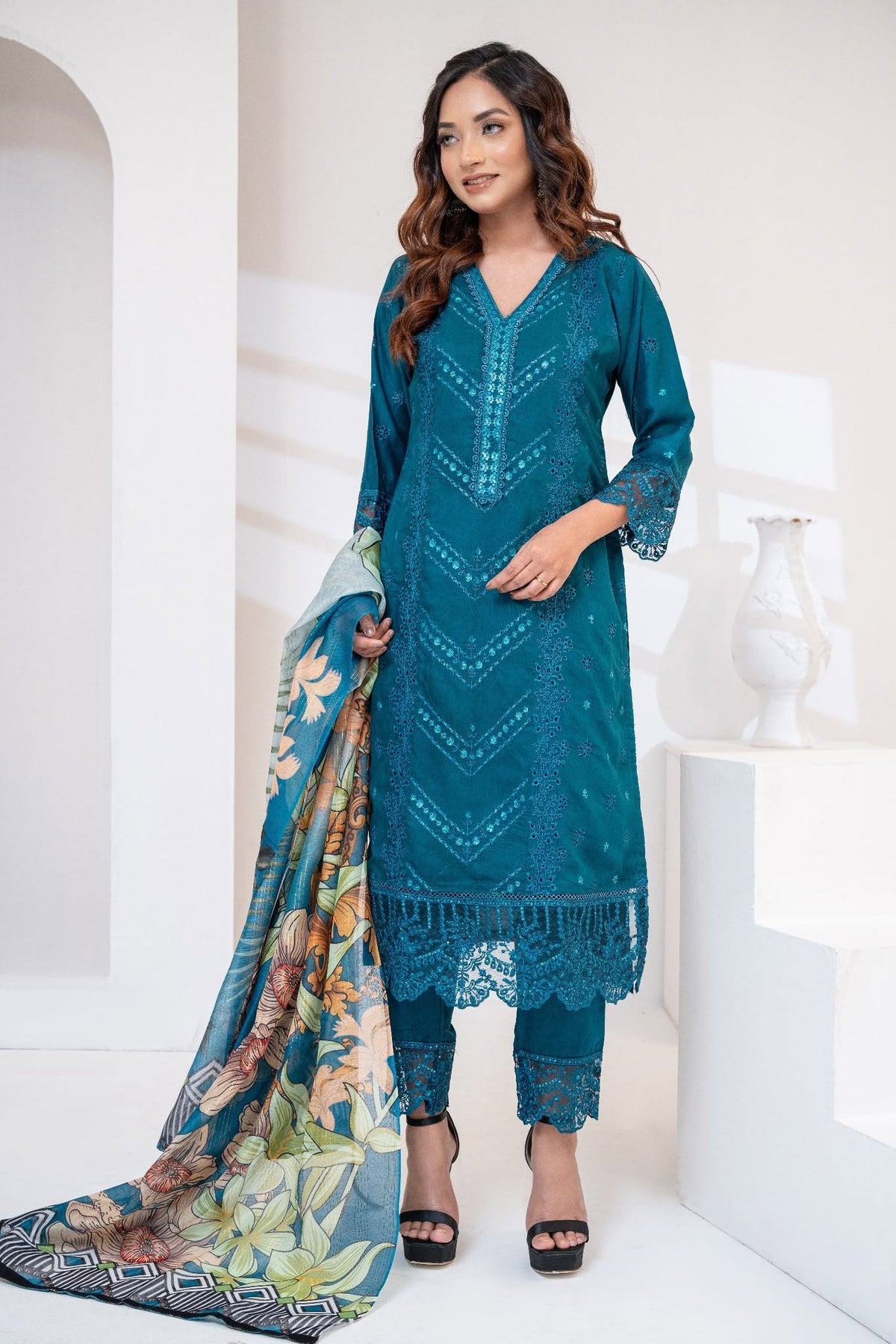 Deep Teal Silk Embroidered Three Piece (Reception - Stitched)