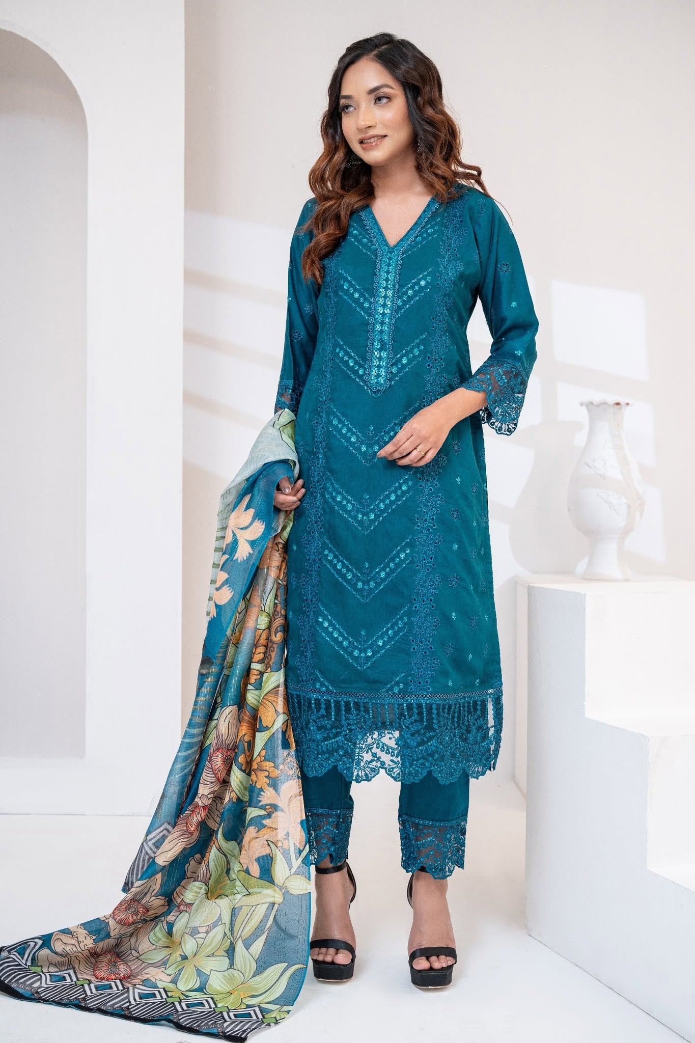 Cobalt Blue Jamawar Three Piece (Festive - Unstitched)