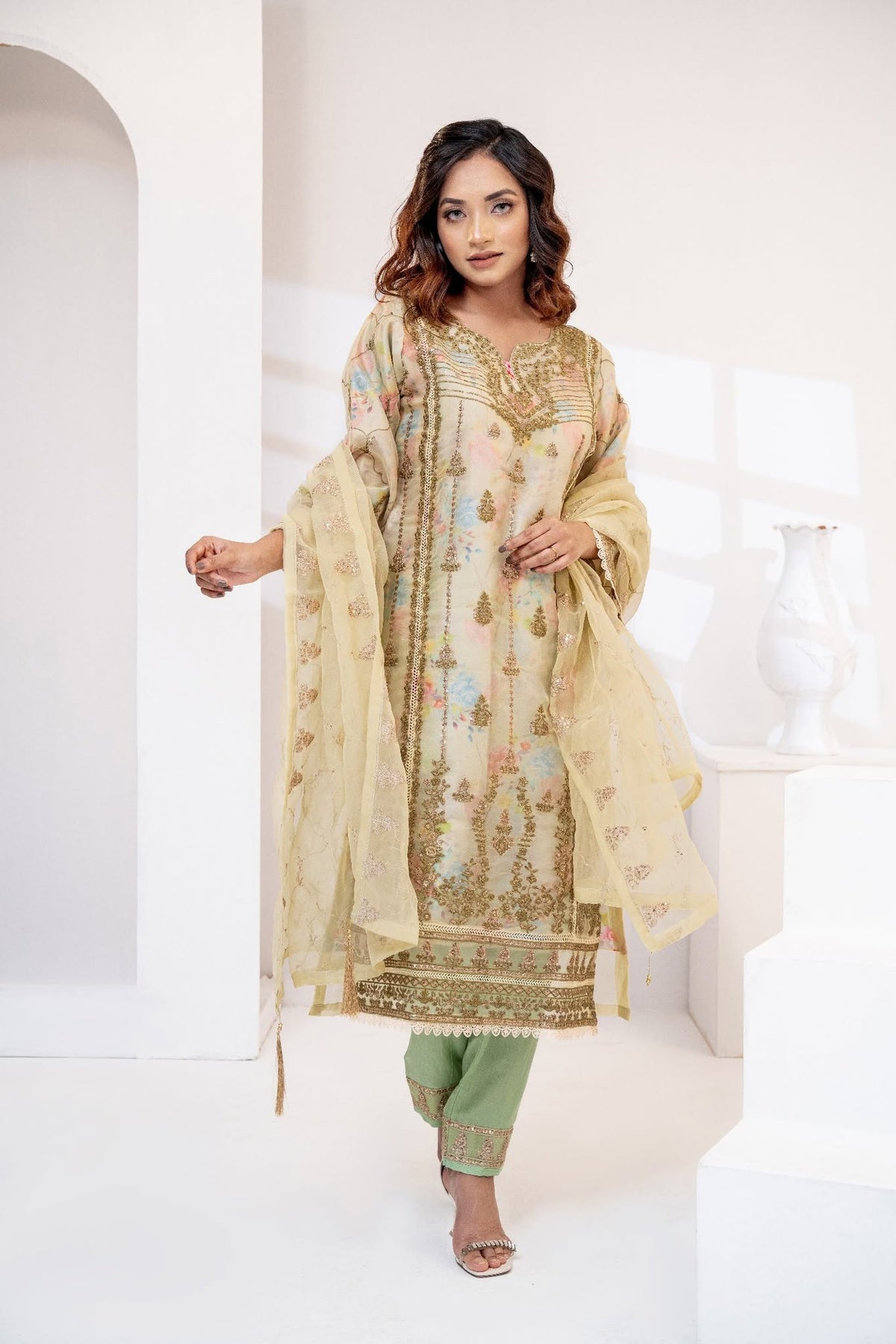 Olive Green Khaddar Block Print Three Piece (Winter - Unstitched)