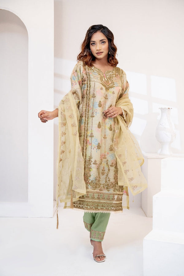 Olive Green Khaddar Block Print Three Piece (Winter - Unstitched)