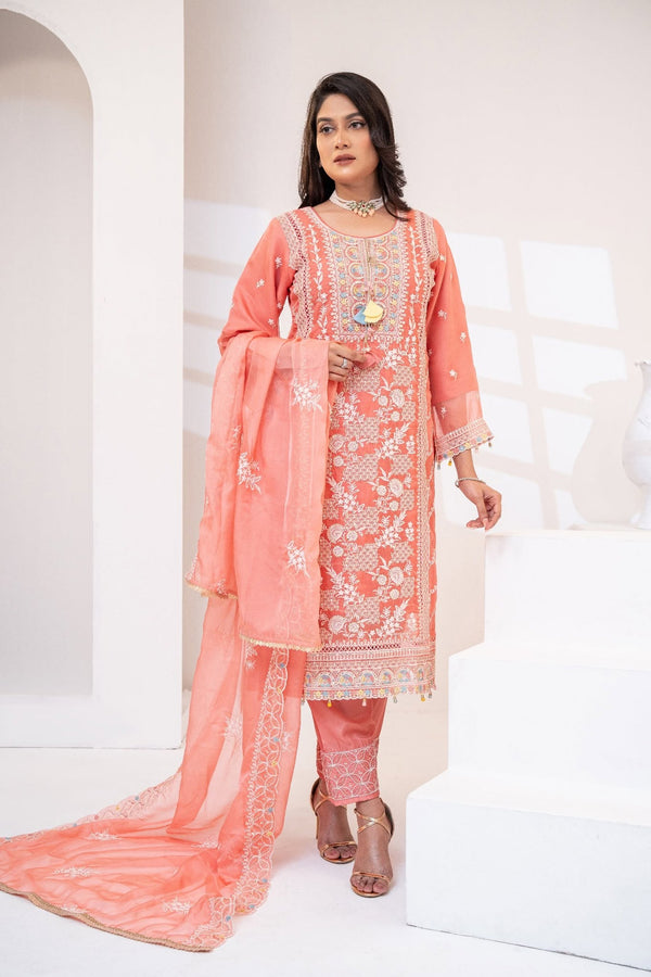 Peach Organza Embroidered Three Piece (Wedding Guest – Stitched)