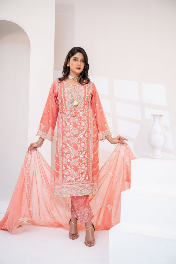 Peach Organza Embroidered Three Piece (Wedding Guest – Stitched)