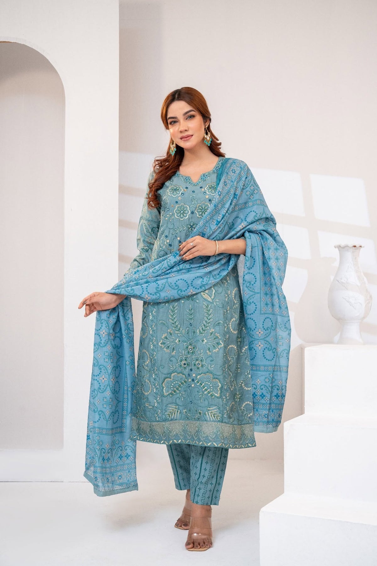 Navy Blue Karandi Three Piece (Winter – Semi-Stitched)