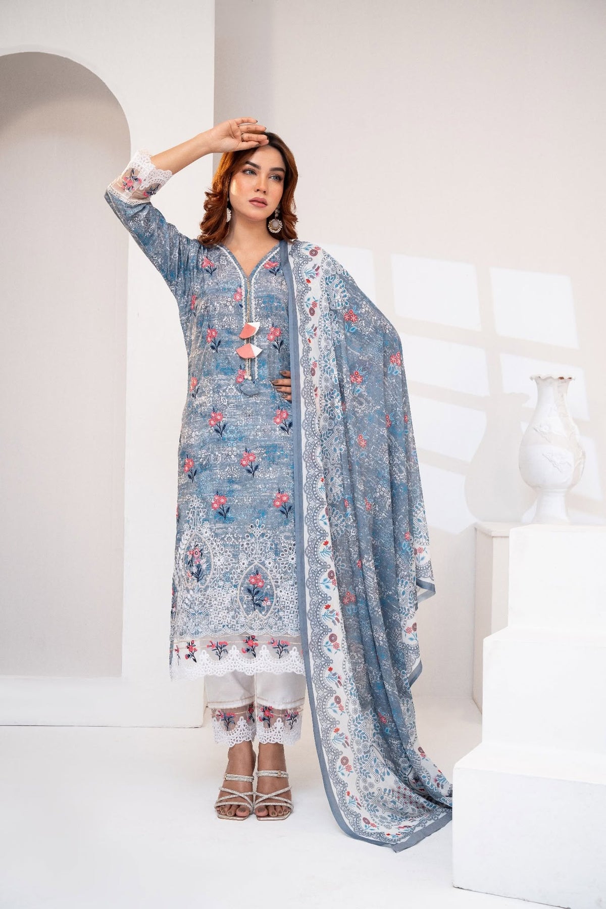 Steel Grey Crinkle Chiffon Three Piece (Evening - Stitched)