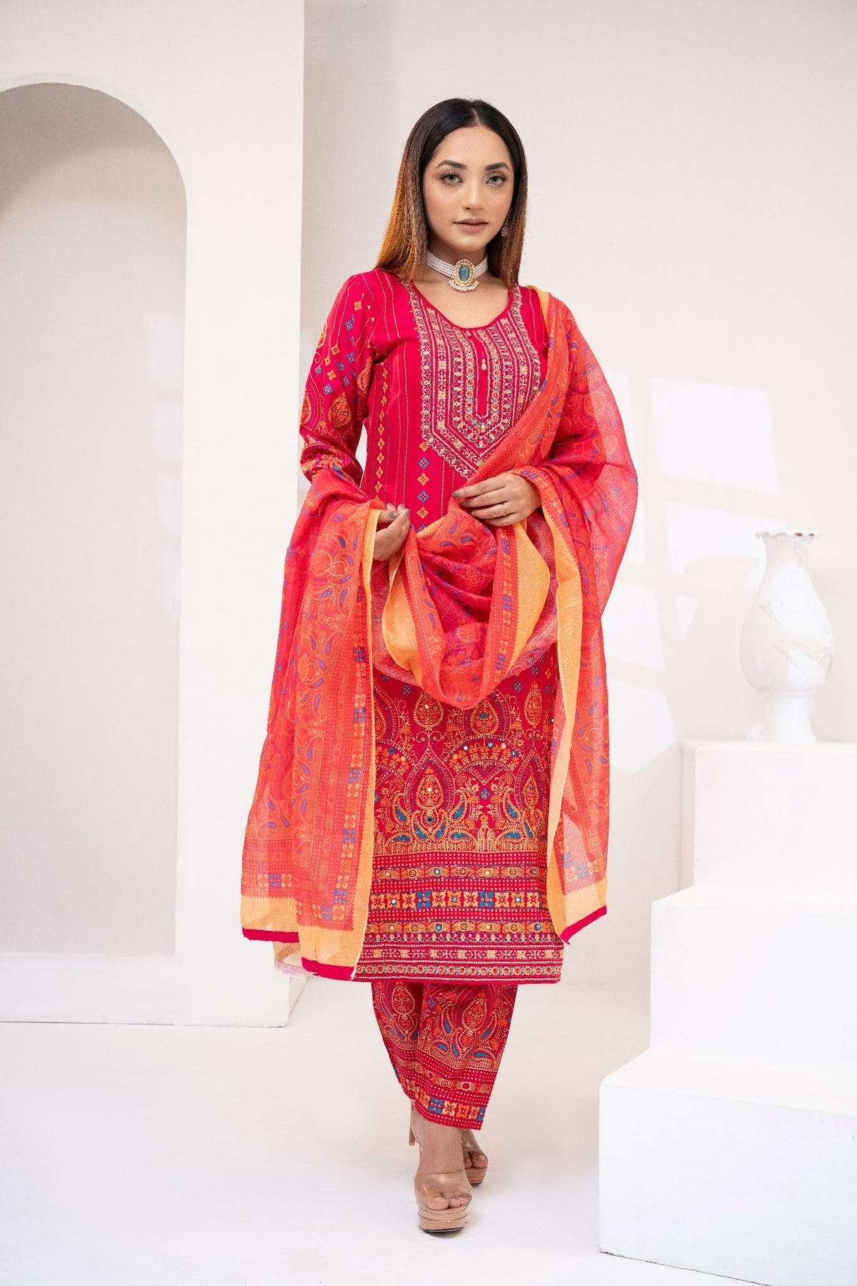 Dusty Rose Georgette Lace Three Piece (Semi-Formal - Semi-Stitched)