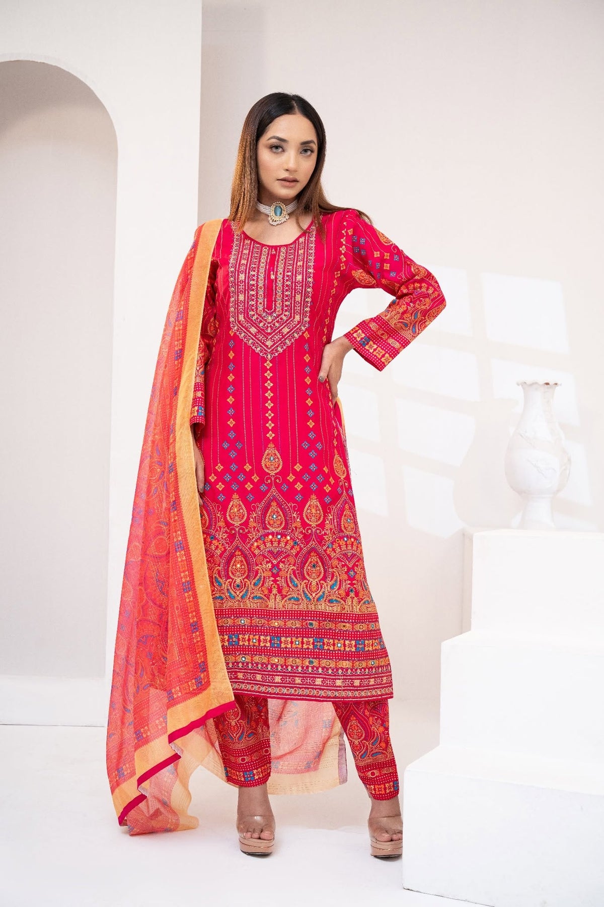 Dusty Rose Georgette Lace Three Piece (Semi-Formal - Semi-Stitched)
