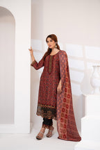 Rustic Brown Linen Embroidered Three Piece (Autumn - Semi-Stitched)