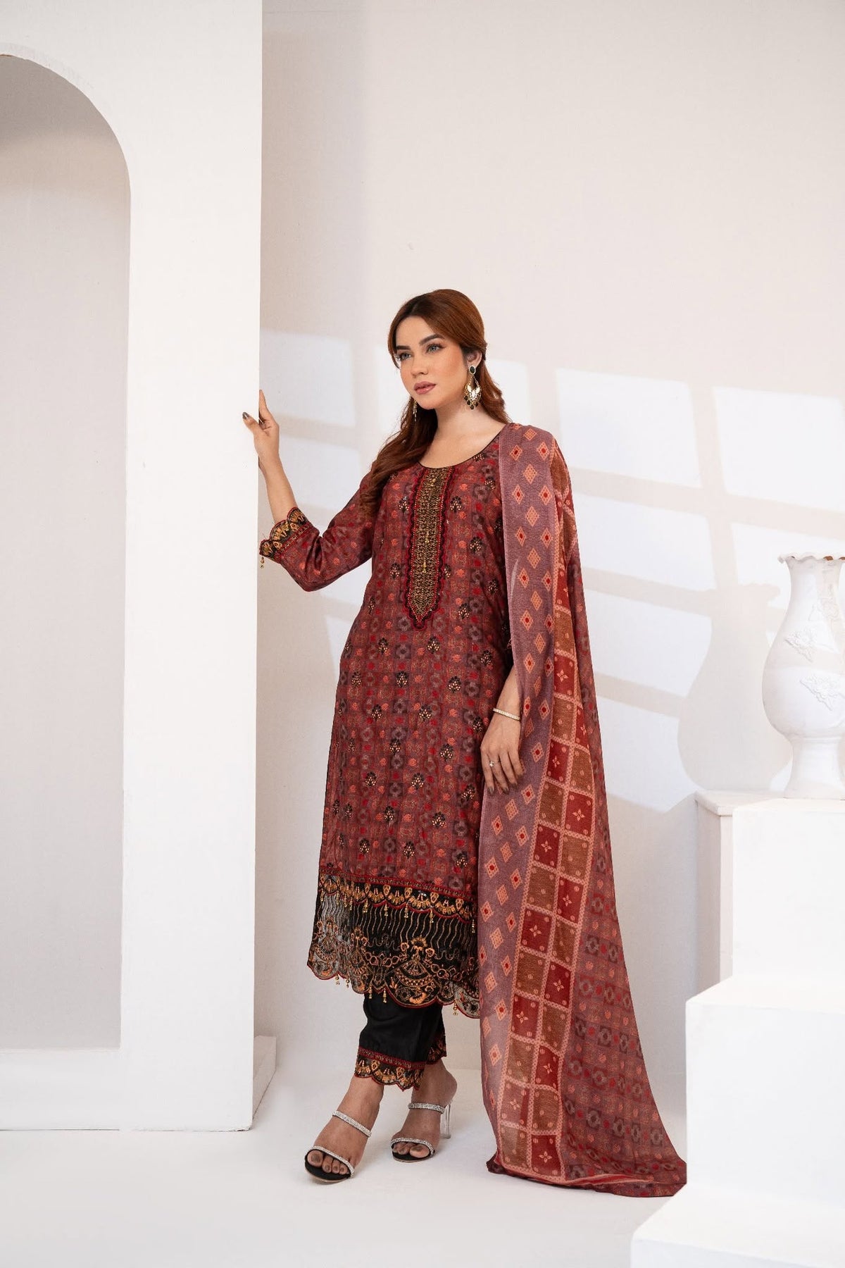 Rustic Brown Linen Embroidered Three Piece (Autumn - Semi-Stitched)
