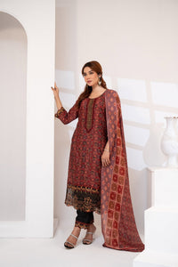 Rustic Brown Linen Embroidered Three Piece (Autumn - Semi-Stitched)