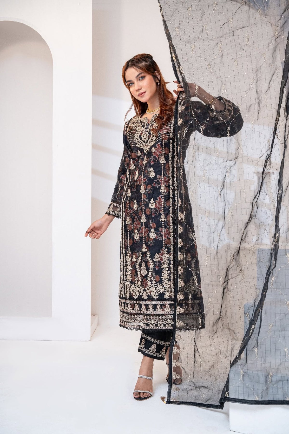 Steel Grey Crinkle Chiffon Three Piece (Evening - Stitched)