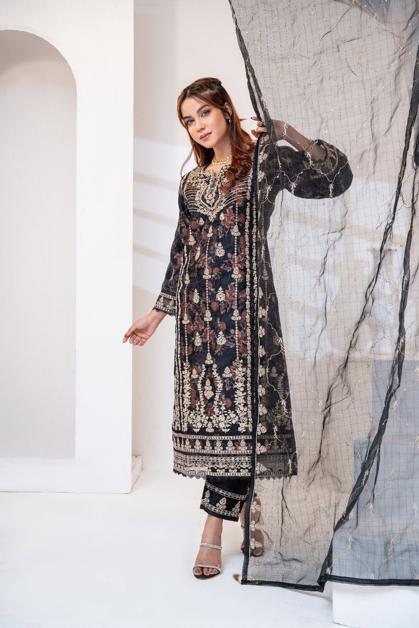 Steel Grey Crinkle Chiffon Three Piece (Evening - Stitched)