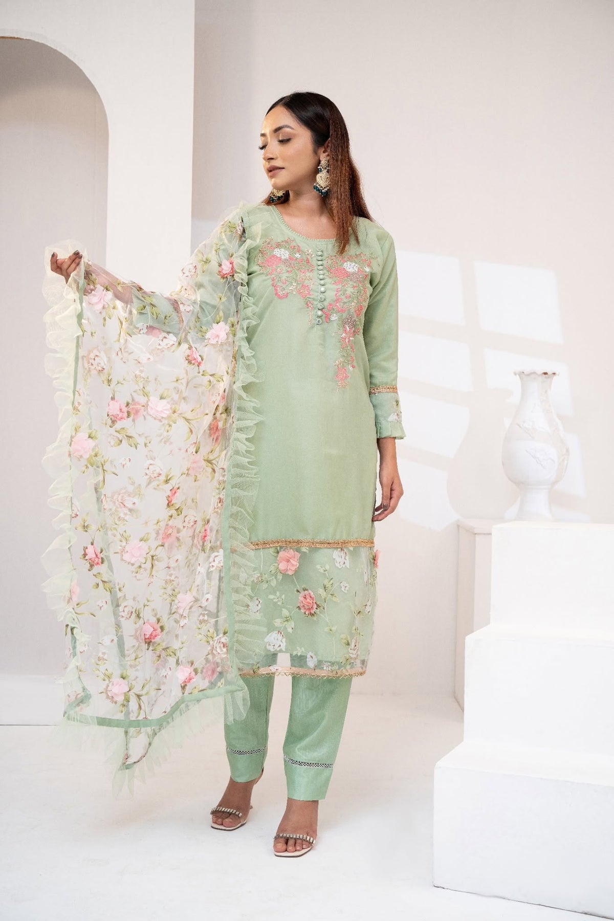 White & Green Lawn Printed Three Piece (Eid Collection)