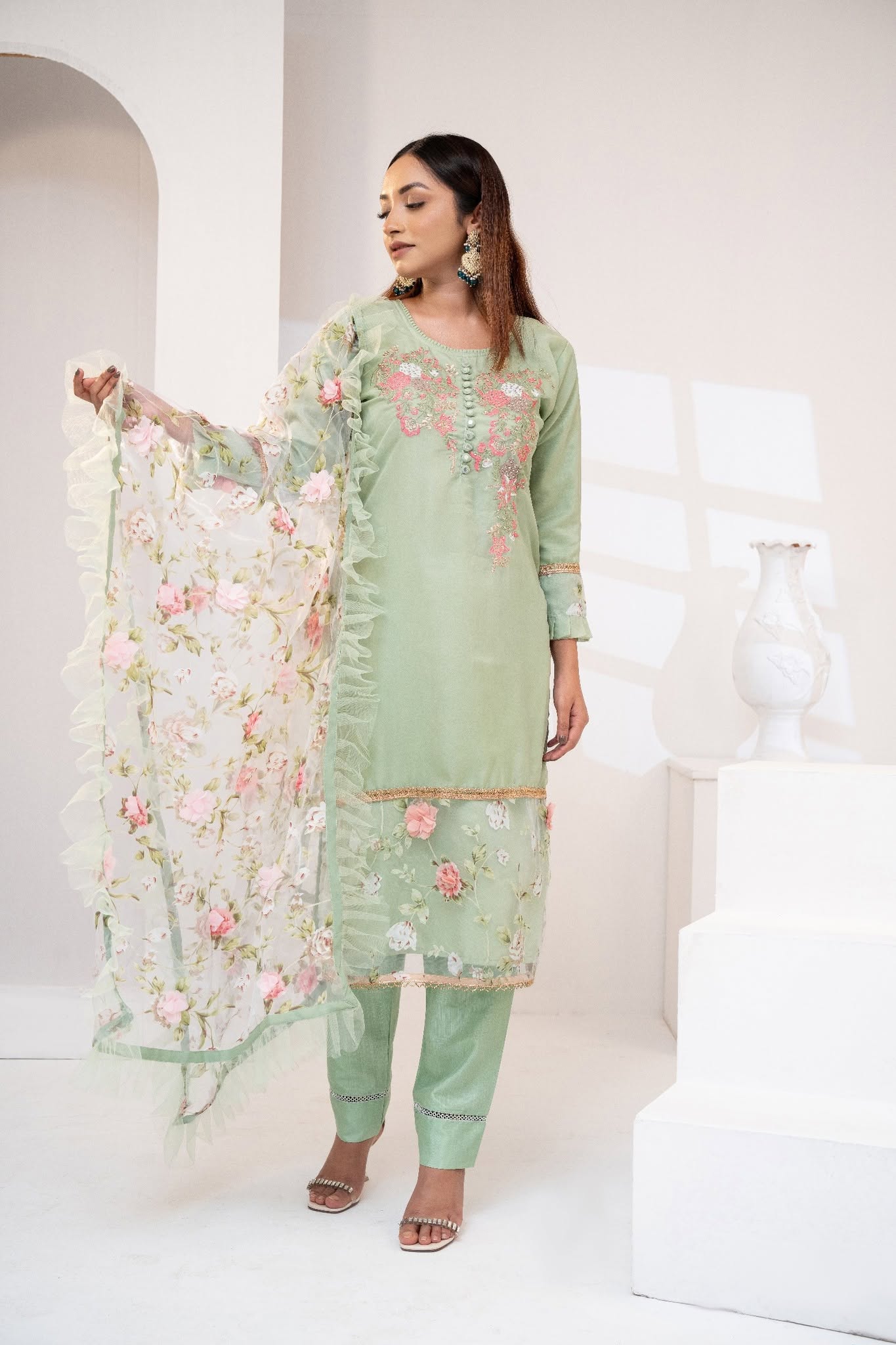 Emerald Green Silk Embroidered Three Piece (Bridal Guest – Stitched)