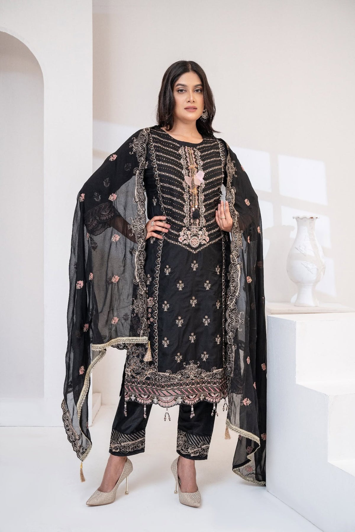 Black Chiffon Embellished Three Piece (Party Wear – Stitched)