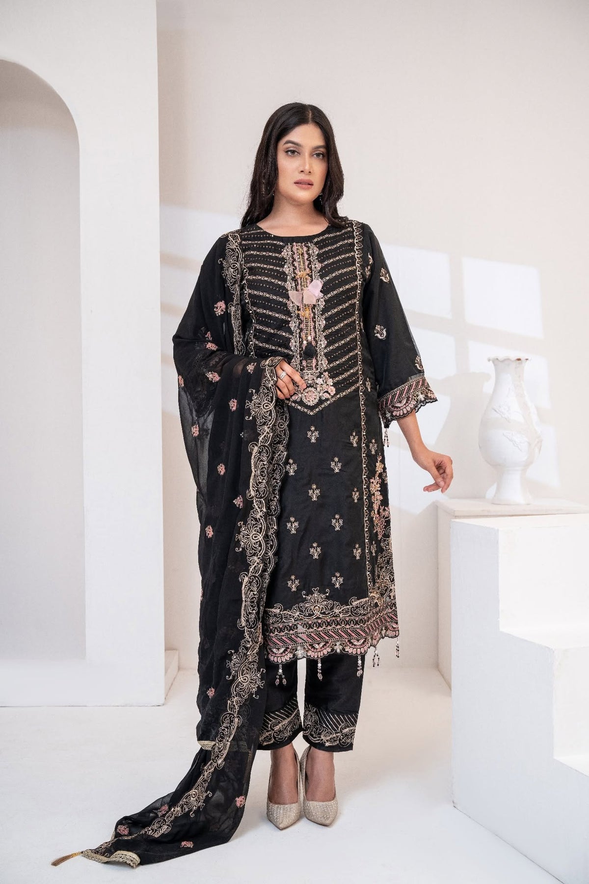 Black Chiffon Embellished Three Piece (Party Wear – Stitched)