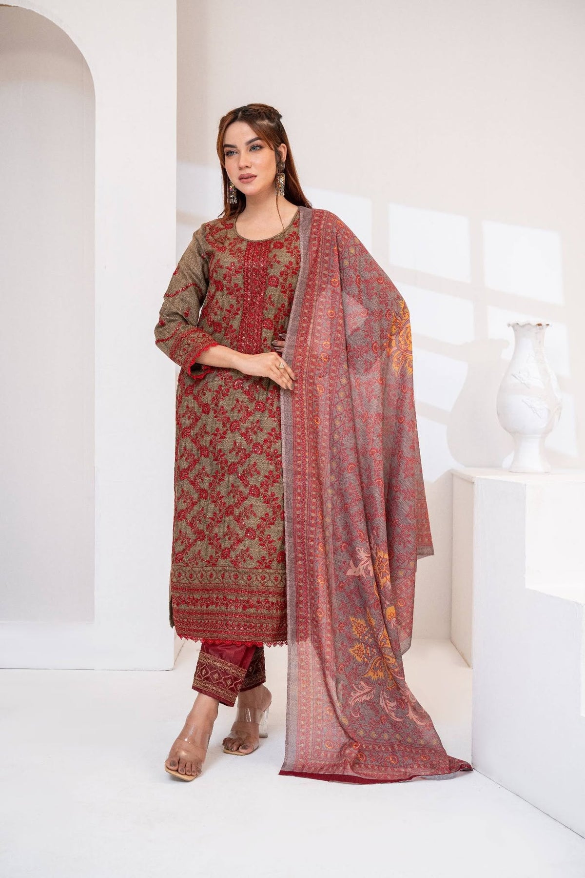 Maroon Embroidered Lawn Three Piece (Unstitched)