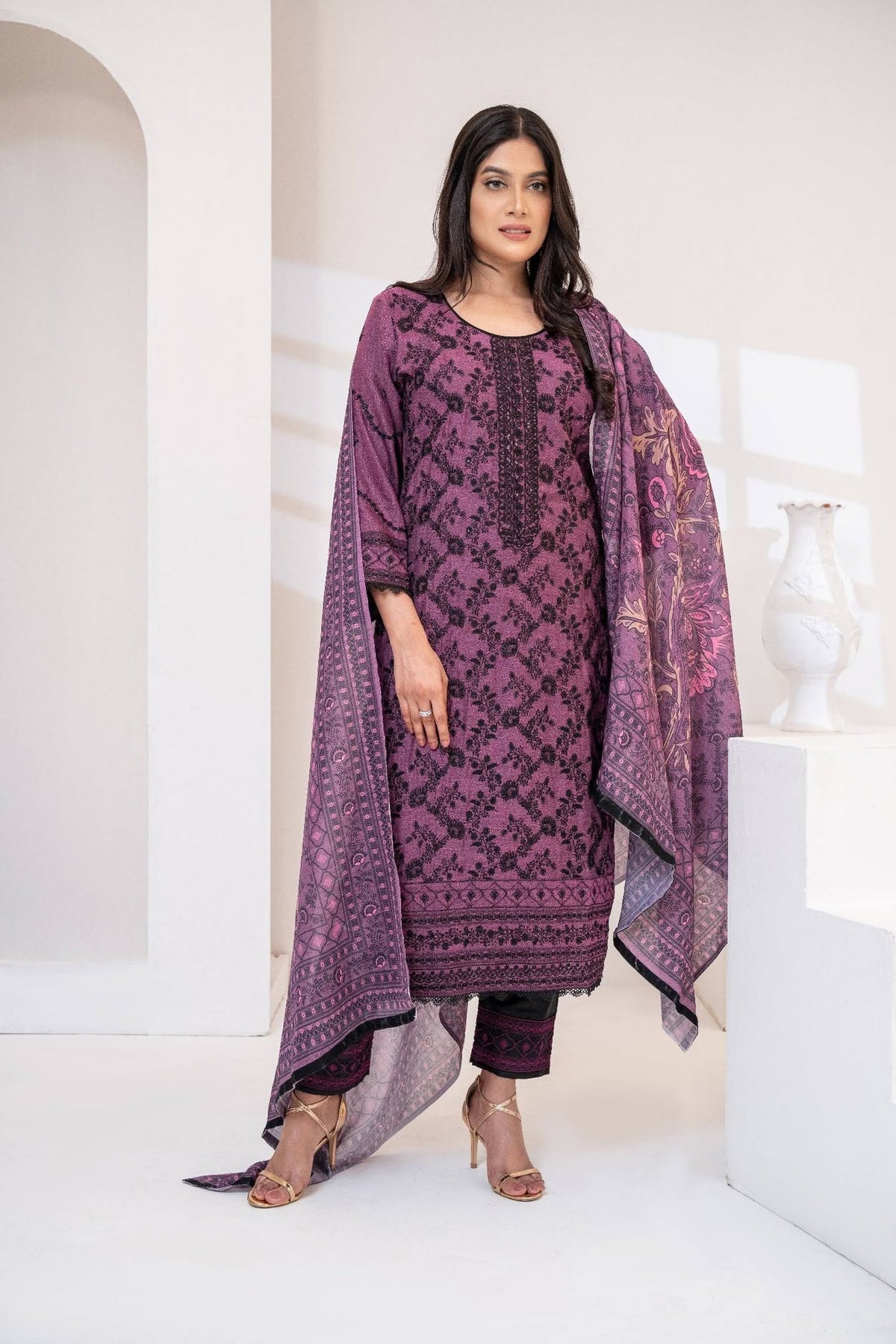 Maroon Embroidered Lawn Three Piece (Unstitched)
