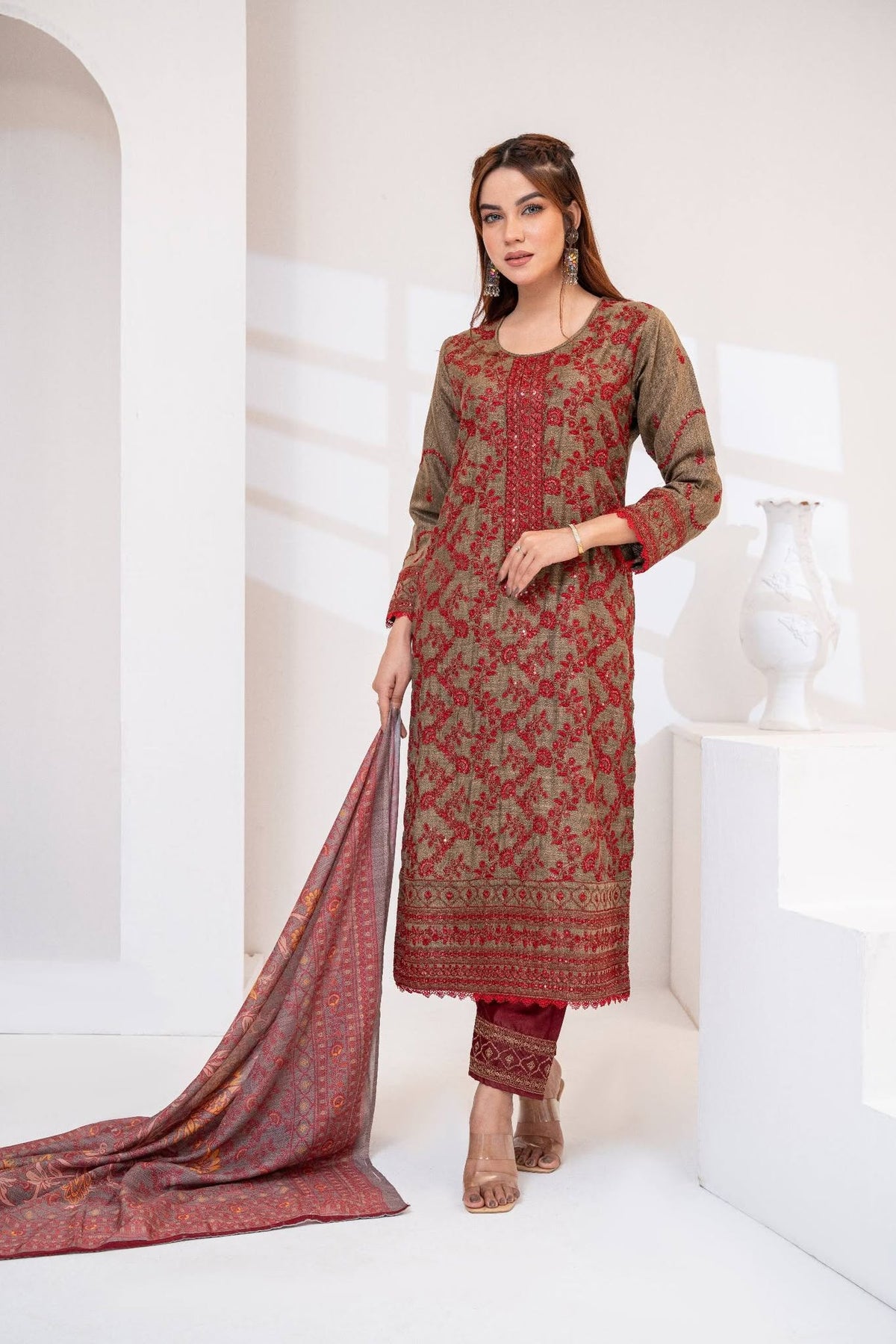 Maroon Embroidered Lawn Three Piece (Unstitched)