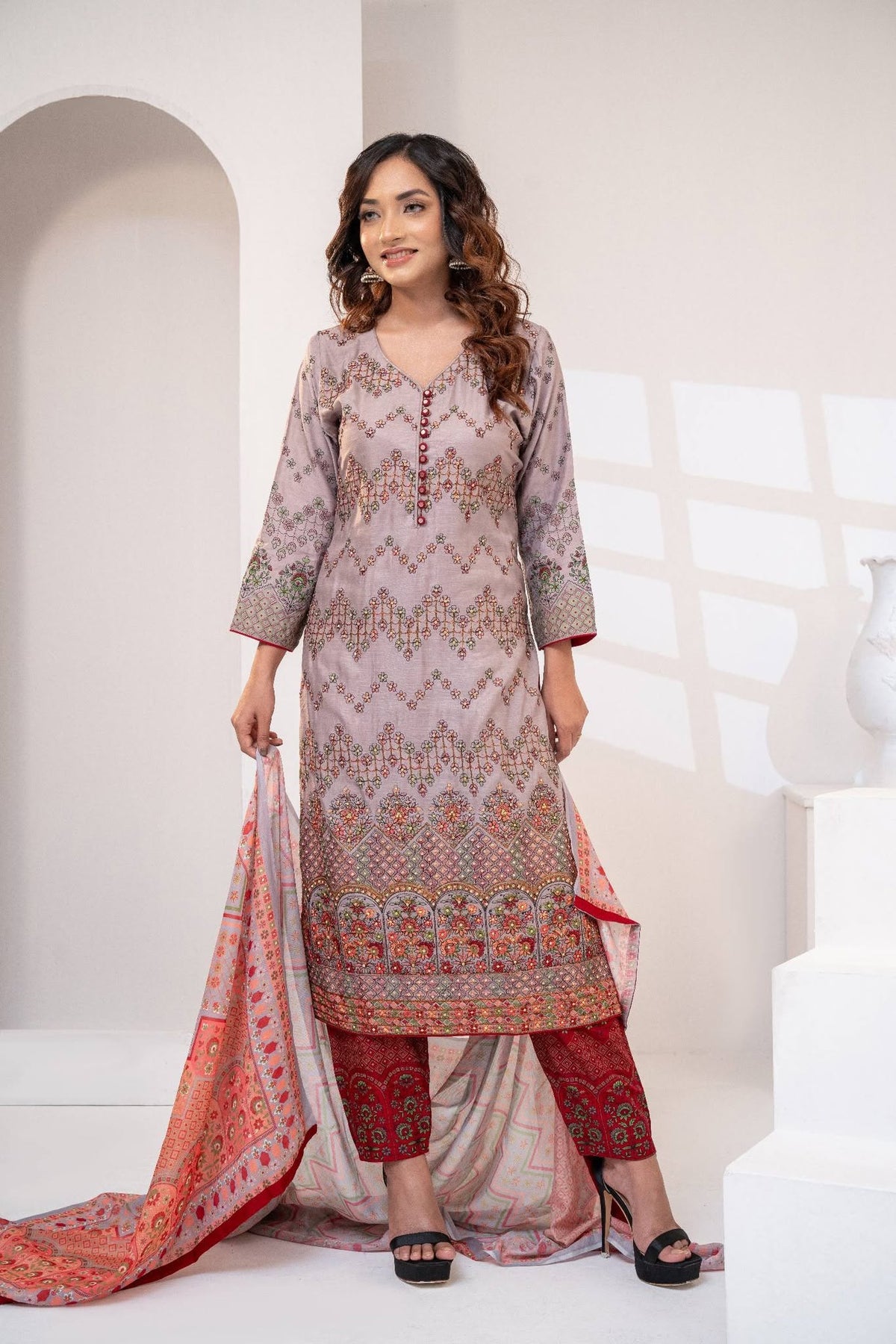 Maroon Embroidered Lawn Three Piece (Unstitched)