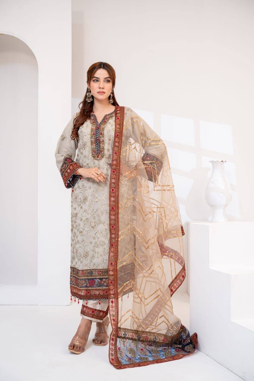 Soft Yellow Cotton Net Three Piece (Spring - Unstitched)