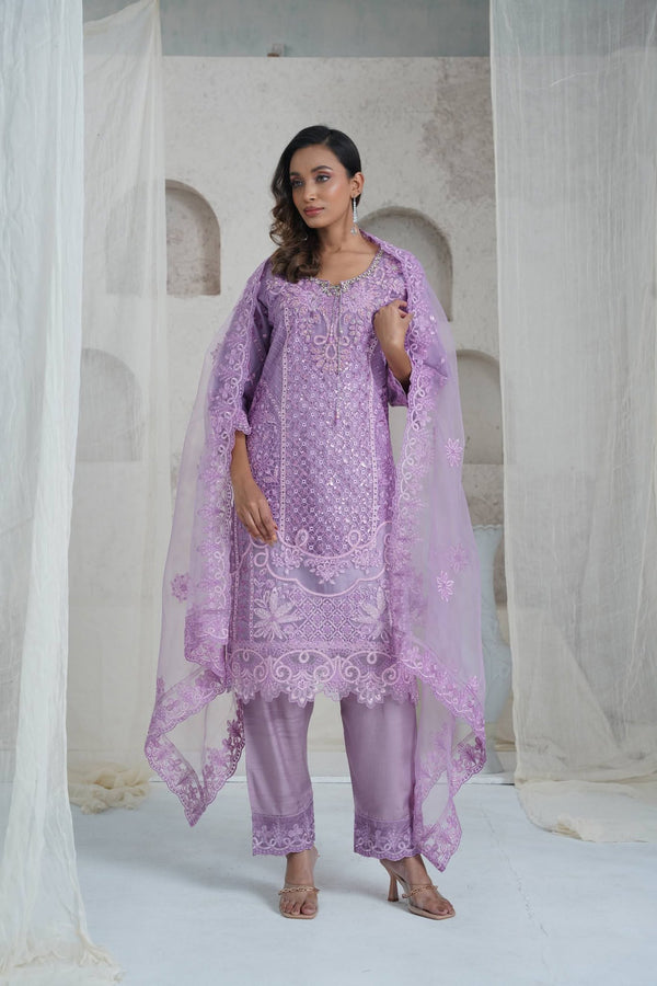 Royal Purple Banarasi Silk Three Piece (Bridal - Stitched)