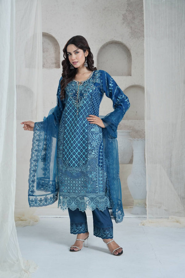 Powder Blue Cambric Embroidered Three Piece (Casual - Unstitched)