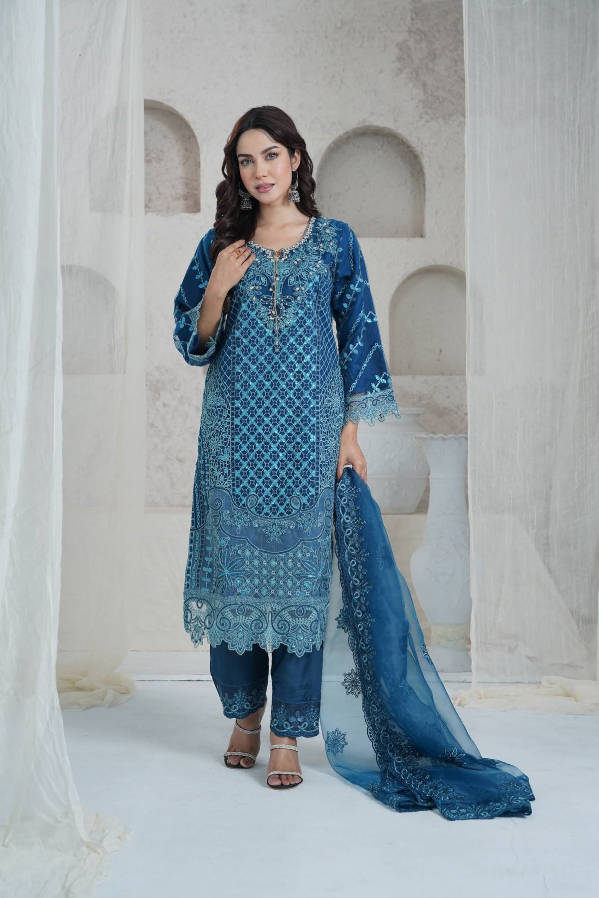Deep Teal Silk Embroidered Three Piece (Reception - Stitched)